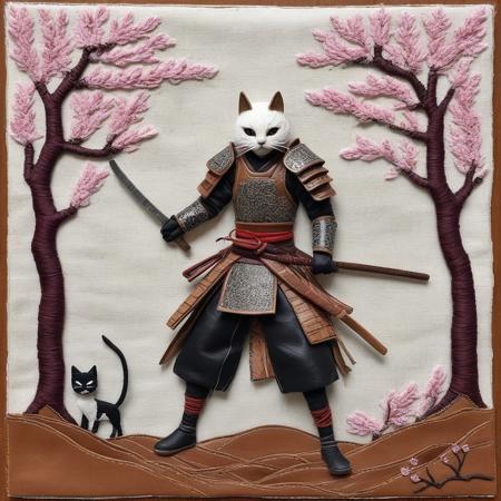 cs-l3ath3r, high-resolution, mixed-media patchwork, a realistic Samurai, holding sword, japanese armor, full body, fighting stance, cherry blossom tree, standing, white hair, looking at viewer, cat mask, ponytail, collage of leather and fabric scraps, intricate stitching, handcrafted, artisanal, folk art, mixed-material collage, earthy color palette, warm and inviting