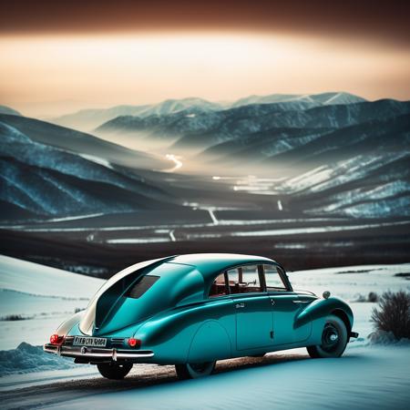 cinematic film still winter icy snowy landscape, car view from top rear left, bright teal ivory and red shiny, dystopian thriller, ((masterpiece)) dramatic night, shadow under dramatic valley mountains, cloudy dust storm
 <lora:Tatra87-SDXL:1> . shallow depth of field, vignette, highly detailed, high budget Hollywood movie, bokeh, cinemascope, moody, epic, gorgeous, film grain, grainy