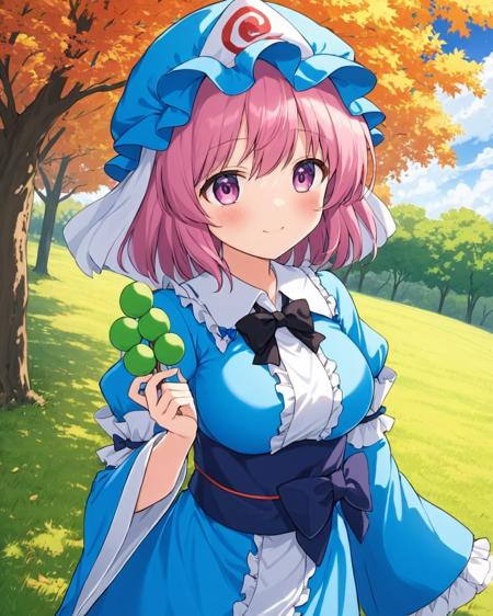 saigyouji yuyuko,1girl, solo, blue_headwear, long_sleeves, triangular_headpiece, bush, blue_kimono, tree, dango, wide_sleeves, blue_belt, mob_cap, leaf, smile, eating, closed_mouth, blue_dress, outdoors, blush, shadow, medium_breasts, frilled_kimono, autumn_leaves, grass, seiza, collared_dress, blue_sky, blue_bow, hand_up, cloud, collar, black_bowtie, blue_sleeves
<lora:saigyouji_yuyuko_image6716_2023-12-14:1>,star-shaped_pupils,symbol-shaped_pupils,. gorgeous,key visual, vibrant, studio anime,award-winning, professional, highly detailed,high budget, cinemascope