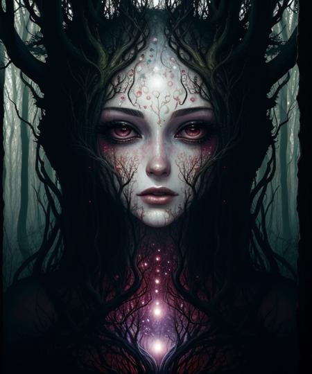 woman surreal closeup, masterpiece by ncwinters, in mystic forest,  <lora:ncwinters-12:1>