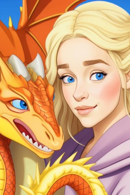 [daenerys targaryen|Emilia Clarke] with pet (dragon:1.1), beautiful, sexy, 1girl with dragon, blond, close-up, extreme closeup, realistic proportions, realistic pupils, fire breading dragon, limited palette, highres, absurdres, 8k resolution, extremely detailed