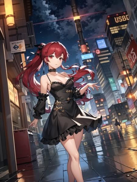 masterpiece, best quality, highres, extremely detailed CG unity 8k wallpaper,
illustration of dskasumi, long hair, ponytail, hair ribbon, black frilled dress, choker, bare legs, city street, night sky, detailed background,
<lora:dskasumi_e4:0.75>