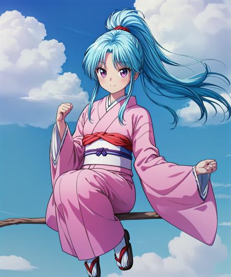 yuyubotan, serafuku, pleated skirt, long_sleeves, yellow neckerchief, blue hair, long_hair, ponytail, purple_eyes, yuyukbotan, kimono, obi, long sleeves, wide sleeves, blue hair, purple eyes, long hair, ponytail,