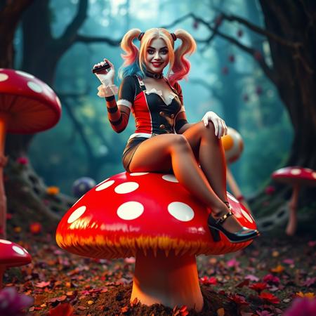 Harley Quinn sits on a brightly coloured toadstool in an Alice in Wonderland setting. high quality, high definition Image, long shot, deep focus, low level shot