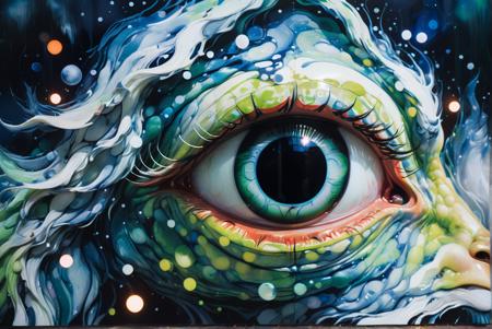 by Agnes Cecile, Go Nagai, Tibetan vintage poster print of a majestic, elegant,close up of a Dreamlike Creature, shallow depth of field, Horror, Geometric Abstract Art, Moonlight, Long exposure, film camera, F/2.8, 8K,Skeuomorphism, glossy textures, cloudy skies,water, bubbles, glass, lens flare, sprawling patterns, humanism, aero glass, bokeh, Abstract Tech, auroras and bright, vibrant green theme, vibrant blue theme trending on artstation, extremely high detail,8k