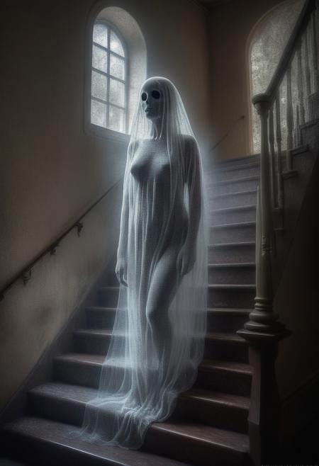 Ethereal Echoes :  Translucent figure of a ghost on the stairs, use of "pointillism" vintage style with 1/1 thickness in the top corner in light white and 1/10000 thickness in the bottom left corner in contrasting dark colors, in the bottom left a beautiful woman posing for the scene. RAW HDR, UHD, HQ, 8k resolution, whimsical and stunning fantasy. The rich color palette elevates this piece to a masterpiece.