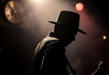 Atmospheric photograph of the silhouette of a blues guitarist wearing a fedora, in a smokey bar, high contrast, shadows, creative masterpiece, vintage and worn look