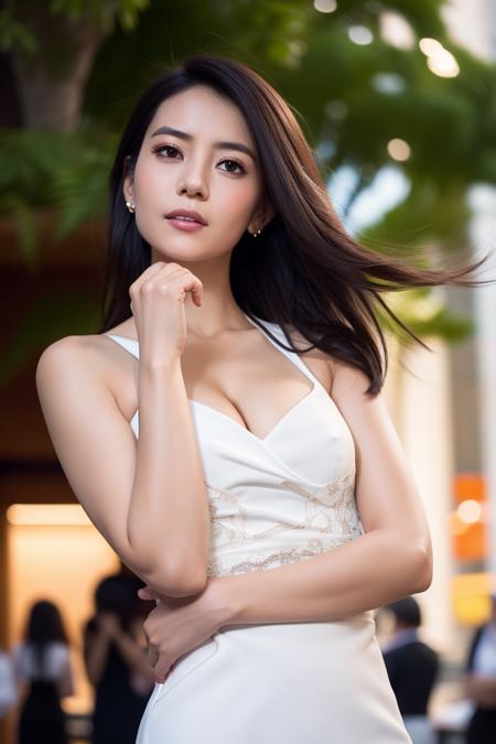 upper_body, white dress, looking_at_viewer, depth of field, night cityscape, (1girl:1.6),   long hair, ulzzang-6500v1.1, (original: 1.2), (realistic: 1.3) , beautiful girl with beautiful details, extremely detailed eyes and face, eyes with beautiful details, absurd, incredibly absurd, huge file size, ultra detail, high resolution, ultra detailed, best quality, masterpiece, illustration, ultra detailed and beautiful, ultra detailed, CG, unity, 8k wallpaper, amazing, fine Detail, masterpiece, top quality, official art, extremely detailed CG unity 8k wallpaper, cinematic lighting, (perfect shiny skin:0.6), slim and smooth lines, (floating), (small breasts:1),  earrings ,    <lora:Gaoyuanyuan_v11:0.7>