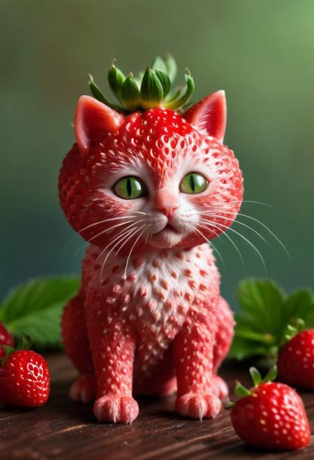 Create an image of a whimsical creature that resembles a small kitten with the texture and color of a ripe strawberry. The creature's body and face are covered in strawberry red, with characteristic seed-dotted skin. It has green leaf-like structures mimicking ears and a ruff around its neck, as if the top of a strawberry was placed on its head. This kitten-like entity has round, innocent eyes, a small pink nose, and delicate white whiskers. Its pose is seated, with one paw slightly raised as if it were about to take a gentle step, and its tail curls behind its body, appearing plump and strawberry-like as well. Surrounding the creature are actual strawberries of a similar shade of red and with green caps, scattered on a glossy wooden surface. In the soft-focused background, hints of indoor plants in shadows create an almost ethereal setting. The overall atmosphere is quaint and charming, evoking a sense of magical realism.