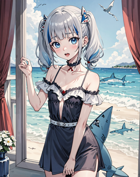 detailed background, masterpiece, best quality, (1girl:1.1), (solo:1.1), gawr gura, grey hair, streaked hair, blue hair, shark teeth, shark girl, blue eyes, two side up, blunt bangs, shark hair ornament, short twintails, flat chest, bedroom, scenery,