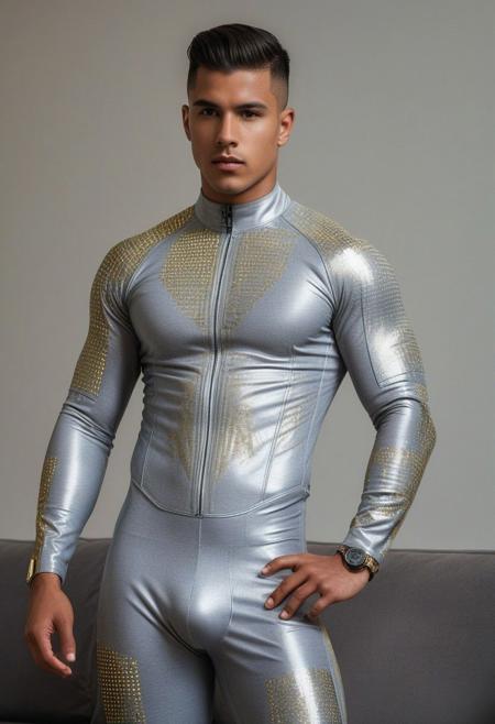 a strong 24-year-old brazillian hunk male, with a buzz undercut hairstyle, detailed face, mindless expression,  wearing a skin tight light-gray rubber suit with silver and gold electronics circuits patterns, wearing a light-gray rubber jockstrap, on a modern living room, standing at attention pose, full body visible, looking at viewer, portrait, photography, detailed skin, detailed rubber texture, realistic, photo-realistic, 8k, highly detailed, full length frame, High detail RAW color art, diffused soft lighting, shallow depth of field, sharp focus, hyperrealism, cinematic lighting