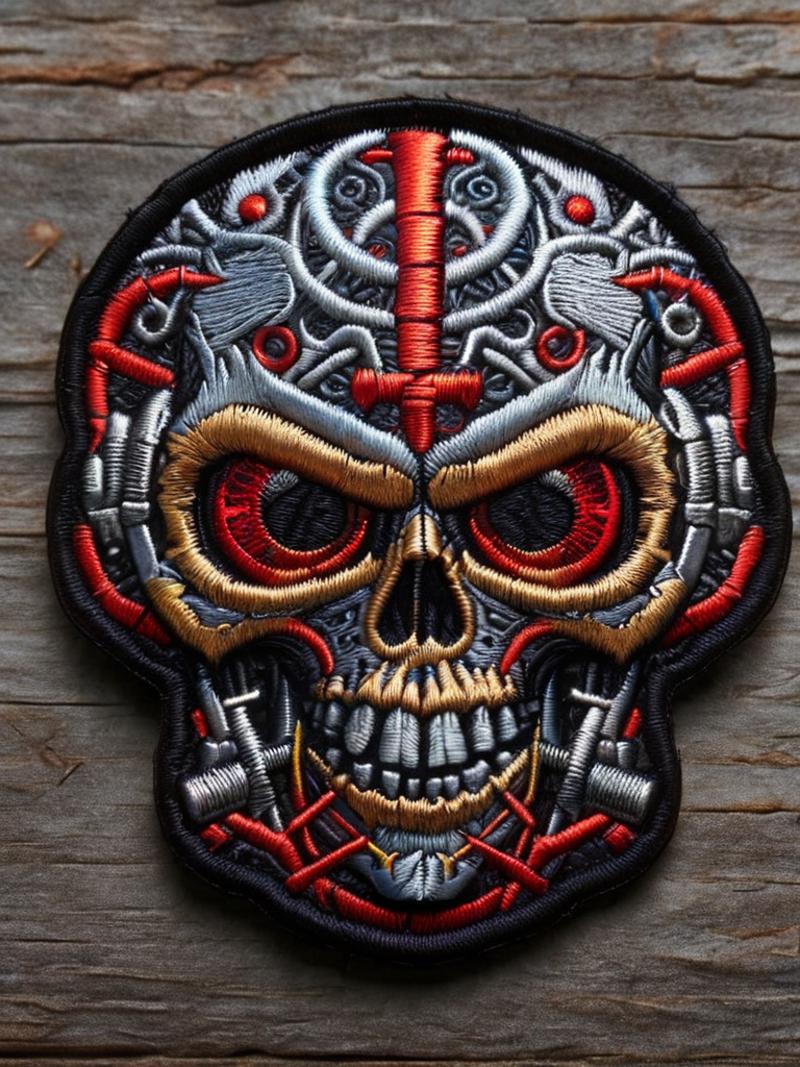 Skull with red and gold teeth and silver and red eyes on a black background.