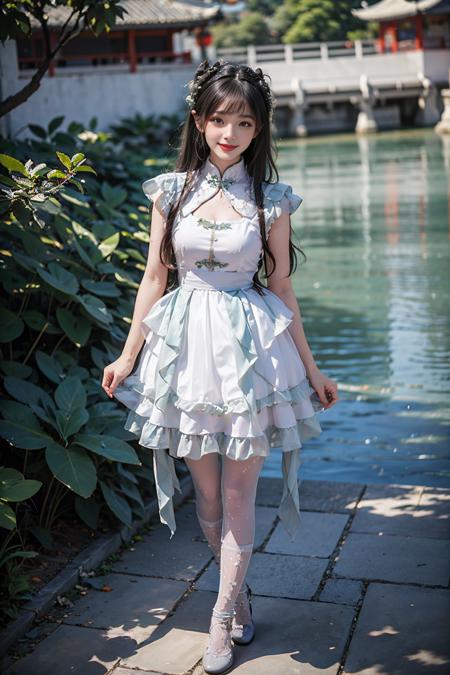 best quality, masterpiece, realistic, (photorealistic:1.4), 1girl, solo, full body, looking at viewer, smile, cns attire, white dress, pantyhose, detailed background, standing, chinese garden, water, <lora:cns_dress_style6_v2:0.7>