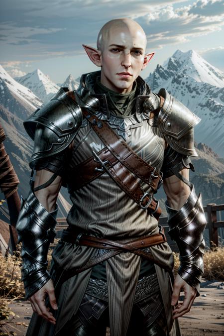 (masterpiece, best quality)
solo, 1boy, holding, closed mouth, standing, weapon, male focus, outdoors, pointy ears, armor, elf, shoulder armor, pauldrons, breastplate, realistic, bald, chainmail, SolasDA
<lora:epi_noiseoffset2:1>, <lora:add_detail:0.8>,   <lora:SolasDA:0.8>