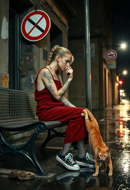 A  photograph of a goth supermodel in heavily worn red corduroy dungarees, sneakers, ripped fishnet stockings, tattoos, tattoo sleeve, braided blonde ponytail, in heavy rain with visible raindrops on her skin, sitting on a Perforated  metal bench next to a crumbling old building at night, soaking wet, wet hair, smoking, standing under a non-smoking sign with reflections of the wet ground stroking a stray ginger cat with matted fur