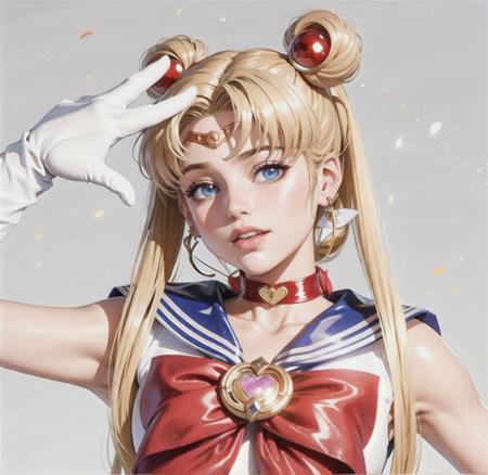 Masterpiece, Full: 1.3, Stand, 8K, 3D, Realistic, Ultra Micro Shooting, Top Quality, Extreme Detail CG Unity 8K Wallpaper, from below, intricate details, (1 female), 16 years old, (meishaonv Sailor Moon super sailor moon mer1, Tiara, Sailor Senshi Uniform Sailor: 1.2, Sailor Moon: 1.2), Impossibly long bright twin-tailed blonde, thin and very long straight twin-tailed blonde, hair bun, red round hair ornament in a hair bun, Sailor Senshi uniform, (blue collar, blue sailor collar, blue pre-gate mini skirt: 1.3, very large red bow on the chest: 1.3, long white latex gloves: 1.3, red gloves on the elbows, Very large red bow behind the waist: 1.1, cleavage is looking large, golden tiara, earrings), (face details: 1.5, bright blue eyes, beautiful face, beautiful eyes, shiny eyes, thin lips: 1.5, thin and sharp pale eyebrows, long dark eyelashes, double eyelashes), luxurious golden jewelry, huge white wings,thin, thin and muscular, small face, big breasts, perfect proportions, Thin waist, sexy model pose, visible pores, seductive smile, perfect hands: 1.5, high-leg swimsuit, very thin and fit high-gloss white holographic leather, octane rendering, very dramatic image, strong natural light, sunlight, exquisite lighting and shadow, dynamic angle, DSLR, sharp focus: 1.0, Maximum clarity and sharpness, (space background, moonlight, moon, dynamic background, detailed background)