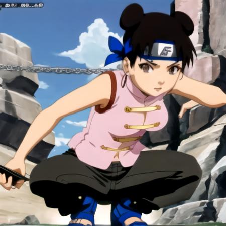 <lora:tenten-04:1>, tntn, 2 buns, short brown hair, "sleeveless pink shirt", open shirt, navel, girl, v eyebrows, crouching, armpits, black pants, rock, sky, side view, scrolls, weapons, chains