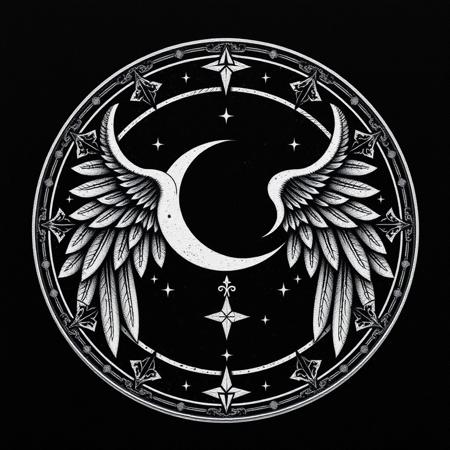 The sacred emblem of the Church of the Evernight Goddess is deeply symbolic of mystery and the balance between light and darkness. It features a crescent moon, representing the goddess's domain over the night and the unseen. Surrounding the moon are stars, signifying the vast unknown and the hidden truths of the cosmos. The moon is often depicted intertwined with ethereal wings, symbolizing the protective and guiding nature of the Evernight. The emblem’s design is intricate, with delicate celestial symbols etched throughout, evoking the divine mystery and serenity that the goddess embodies.