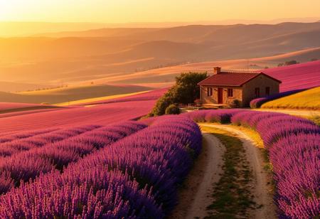 A rolling countryside at golden hour. Endless fields of lavender stretch across the horizon, their purple hues blending with the warm, golden light of the setting sun. A small stone farmhouse with a red tile roof sits among the flowers, its windows glowing warmly. A dirt path lined with wildflowers leads towards distant rolling hills where the sky meets the land. Inspired by Fernando Amorsolo and Claude Monet, with impressionist brushstrokes and soft light.