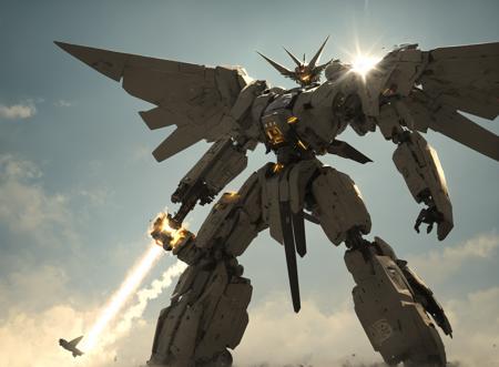 dramatic angle,dynamic angle,an extremely delicate and beautiful mecha, 8k wallpaper,masterpiece,best quality,illustration,mecha,black+gold mechanical body, science_fiction, glowing, holding_gun, no_humans, realistic, red_eyes, solo, open_hand, wings, full_body, mechanical_wings, standing, glowing_eye, weapon,  cloud, glowing_eyes, jet, day, ((flying:1.2)),sunbeam, sunlight,realistic, broken,dust,smoke,floating mecha