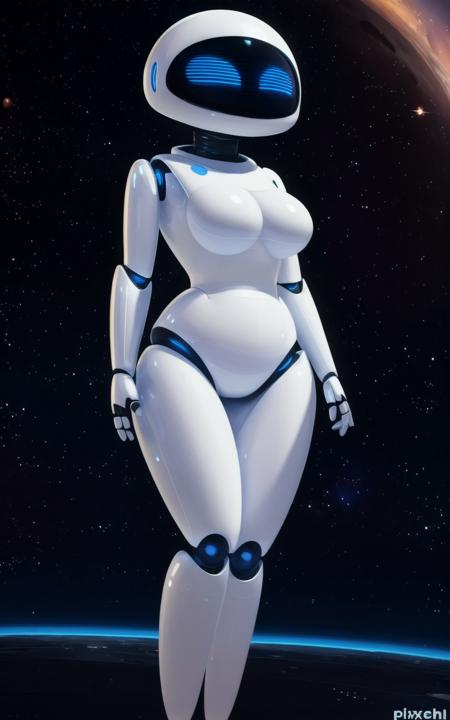 8k,4k,((Best quality, masterpiece, ultra high resolution)),((full body, by pixelsketcher)),  <lora:EVE:1>,EVE,robot, breasts,humanoid robot, blue eyes, no mouth, white skin, ,screen face,featureless feet,,space