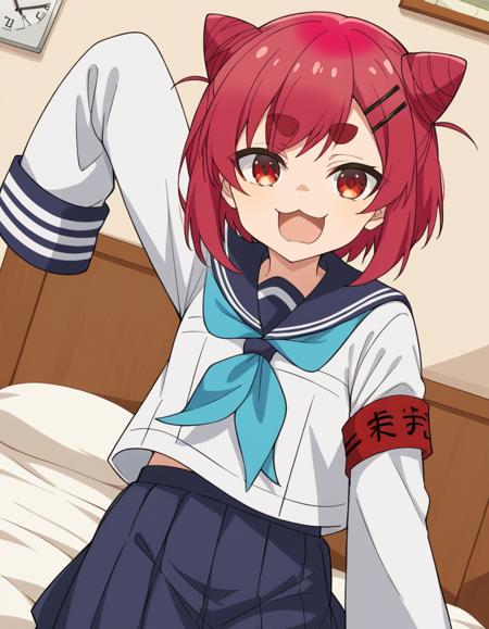 neko nekoyamada, short hair, bangs, hair ornament, red eyes, red hair, hairclip, hair bun, double bun, thick eyebrows, short eyebrows, cone hair bun, skirt, shirt, long sleeves, school uniform, white shirt, pleated skirt, serafuku, sailor collar, blue skirt, neckerchief, sleeves past wrists, armband, sleeves past fingers, blue neckerchief