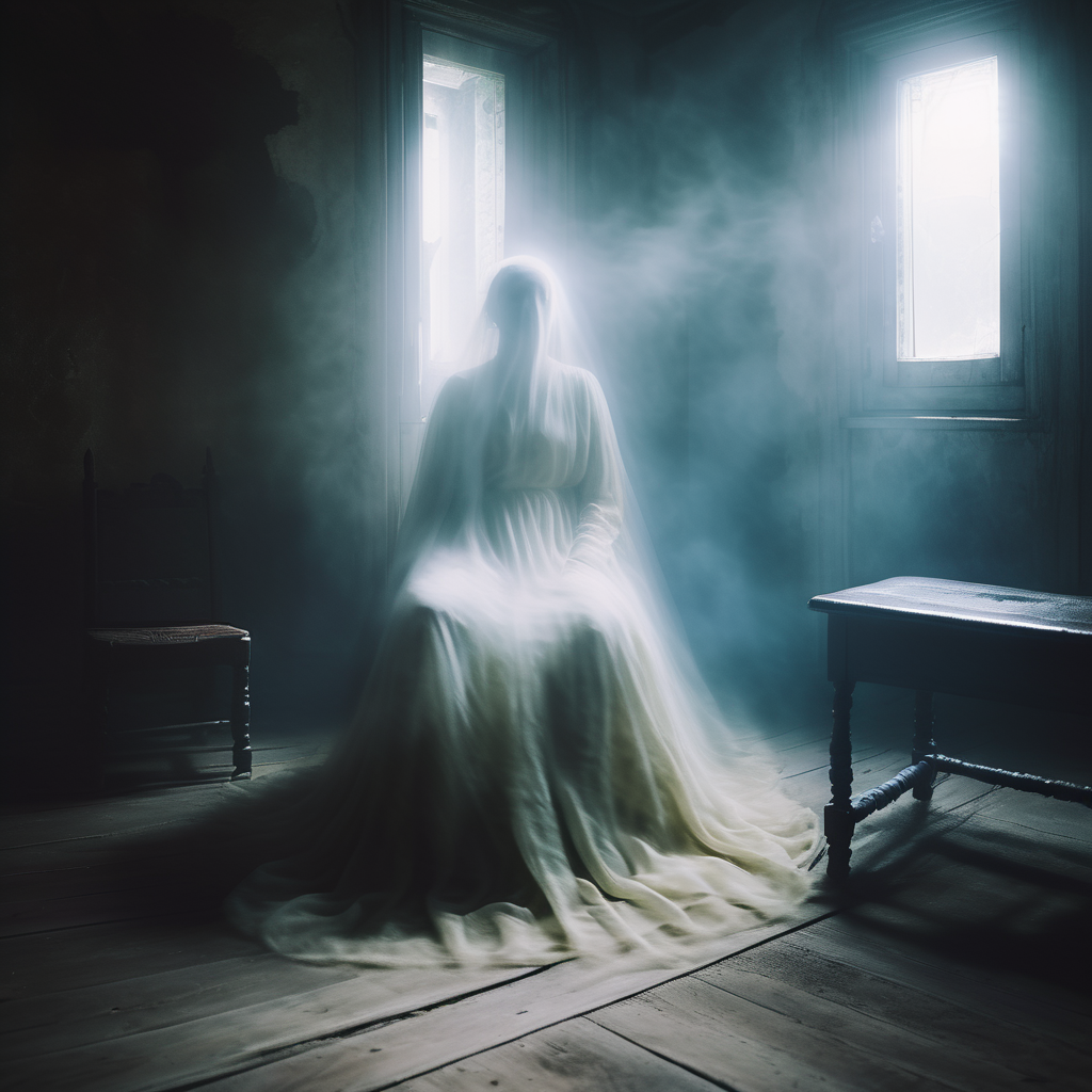 highly detailed candid photo of ghost:1.3,

((transparent)), ((blurry)),sitting,((night)), darkness, inside a medieval hou...