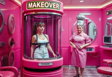 A photorealistic image of a vintage retro pink salon with a large retro sci-fi machine in the foreground. The machine has a large screen on top that says "MAKEOVER" and a smaller screen below it that says "STANDBY". Inside the machine, a 20-year-old woman with long brunette hair in a ponytail is restrained with steel restraints. She is wearing a white tank top and white capris and looks terrified. Behind the glass wall of the machine, a chubby 60-year-old woman with a towering silver beehive bouffant and heavy glam makeup stands confidently. She is wearing a pink beautician's smock and stands at the control panel of the machine. The campiness of the decor clashes with the terror of the upcoming makeover.