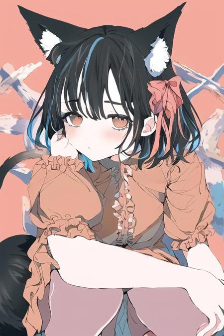 1girl, animal ears, black hair, colored inner hair, extra ears, fox ears, fox tail, hair between eyes, multicolored hair, short hair, tail ,
baggy clothes, bow, center frills, dress, frilled dress, frilled shirt, frills, hair bow, hair flower, hair ornament, inverted cross, orange dress, pink bow, shirt, white shirt ,
squatting ,
solo ,
<lora:nocopyrightgirl-v1.0:0.9>