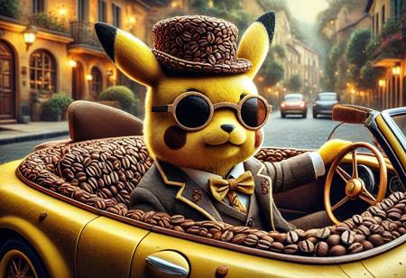 digital painting of a made of Coffee beans, cute pikachu in suit and bowtie, top hat and cutting edge sunglasses,  entirely made of retro sophistication texture, driving a convertible car, whimsical and magical atmosphere, soft lighting, highly detailed and stylized, concept art for a vintage charm-themed universe
