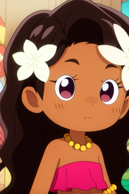 rwleiko, hair flower, dark skin, 1girl, solo, jewelry, necklace, hair flower, chibi, bare shoulders, strapless, bracelet