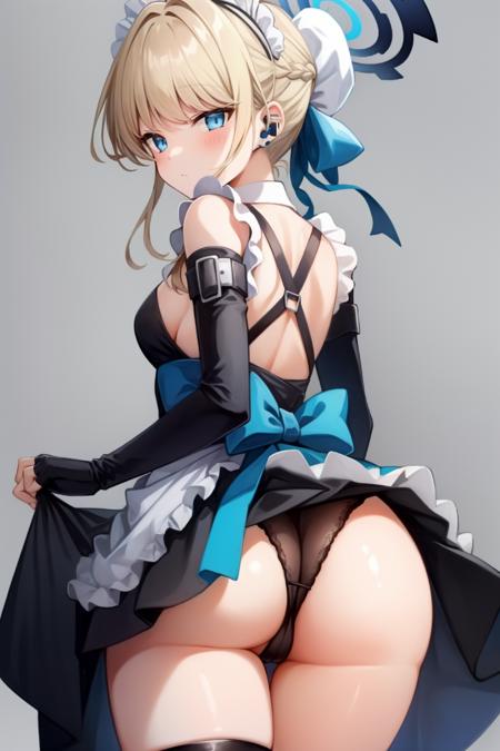 toki(blue archive), gloves, black gloves, panties, looking back, clothes lift, halo, earpiece, simple background, solo, frills, blue eyes, headset, maid, blonde hair, bow, braid, ribbon, looking at viewer, thigh strap, from behind, thigh gap, dress, black dress, hair bun, waist bow, frilled dress, fingerless gloves, 1girl, ass, elbow gloves, underwear, hair ribbon, apron, harness, maid headdress, cowboy shot, back bow, blue bow, single hair bun, black panties, frilled apron