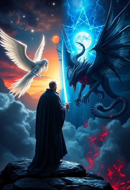 On the edge of dawn and midnight, a robed priest trembles at diamond-winged seraphs and obsidian demons locked in eternal fight. Guardians of pearly gates, haloed in starlight, wield azure flame swords while crimson legions from magma depths seek infamy in scarlet halls of night. Cosmic balance hangs by gossamer threads as good and evil clash, each soul a kaleidoscope where light and darkness crash. Celestial choirs raise crystal voices against demons' roar, the righteous and fallen wage never-ending war. Heaven's aurora shines above, Hell's fire burns below. Where will lost souls go? Archangels in platinum armor face lords of sin in smoke-black mail, each victory and defeat feeds the cosmic scale. Pray for strength when darkness seems to extinguish hope's candle. Remember a spark of faith can pierce night blacker than a devil's sandal. Warriors of virtue stand against onyx tides while tempters whisper promises of glittering power. The choice lies in each heart to soar or dive in this hue-painted struggle. Between realms of ecstasy and pain, the rainbow battle rages. Which path will your prism soul choose?