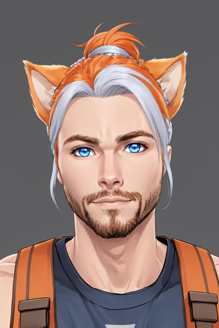 Roiadan Vanzey,  solo,  looking at viewer,  short hair,  blue eyes,  gruff,  two tone hair,  orange hair,  grey hair,  streaked hair,  animal ears,  brown eyes,  male focus,  sleeveless,  cat ears,  facial hair,  portrait,  beard, <lora:EMS-43353-EMS:0.400000>