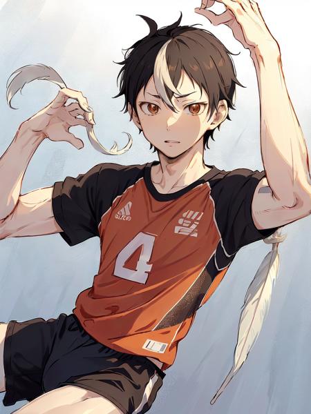 <lora:YuuNishinoya:0.6> ,high res, masterpiece, Yuu Nishinoya masterpiece, best quality, ultra-detailed, illustration, 1boy, haikyuu!! nishinoya_yuu (1man) ball black_hair (blonde_hair )brown_eyes ,feathers footprints karasuno_volleyball_uniform male_focus (multicolored_hair) orange_shirt parted_lips playing_sports shirt short_hair simple_background solo ((streaked_hair)) volleyball volleyball_uniform white_background, men sports wear, covered legs, (full background)