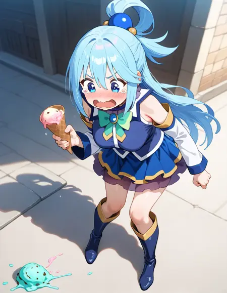 [Concept] Ice cream cone spill (ice cream cone held + ice cream dropped on ground) | アイスクリームをこぼす (手にコーン + アイスを地面に落とす) | Illustrious v.0.1