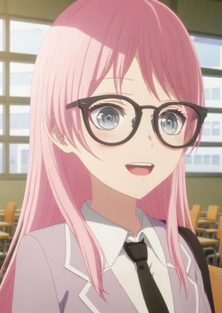 <lora:AnonXL:0.7> 1girl, bangs, black choker, black-framed eyewear, blazer, blush, close-up, closed mouth, collared shirt, dress, long hair, looking at viewer, open mouth, pink hair, school chair, school uniform, sidelocks, smile, solo, solo focus, upper body, high quality, best quality, masterpiece, best rendering, animated by Kyoto  Animation, animated by ufotable, animated by A-1 Pictures