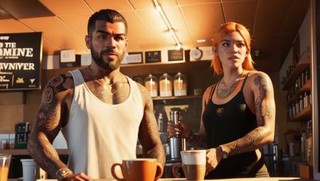 Imagine a hipster barista with tattoos and a trendy haircut, serving artisanal coffee in a popular café in Mirror Park, with a cool, laid-back vibe., official art, masterpiece, best quality, unity 8k wallpaper, ((photorealistic0.8)), ultra detailed, extremely detailed, elegant, aesthetic,(((orange sunshine))), style of  gta689 <lora:Loragta689:0.7>