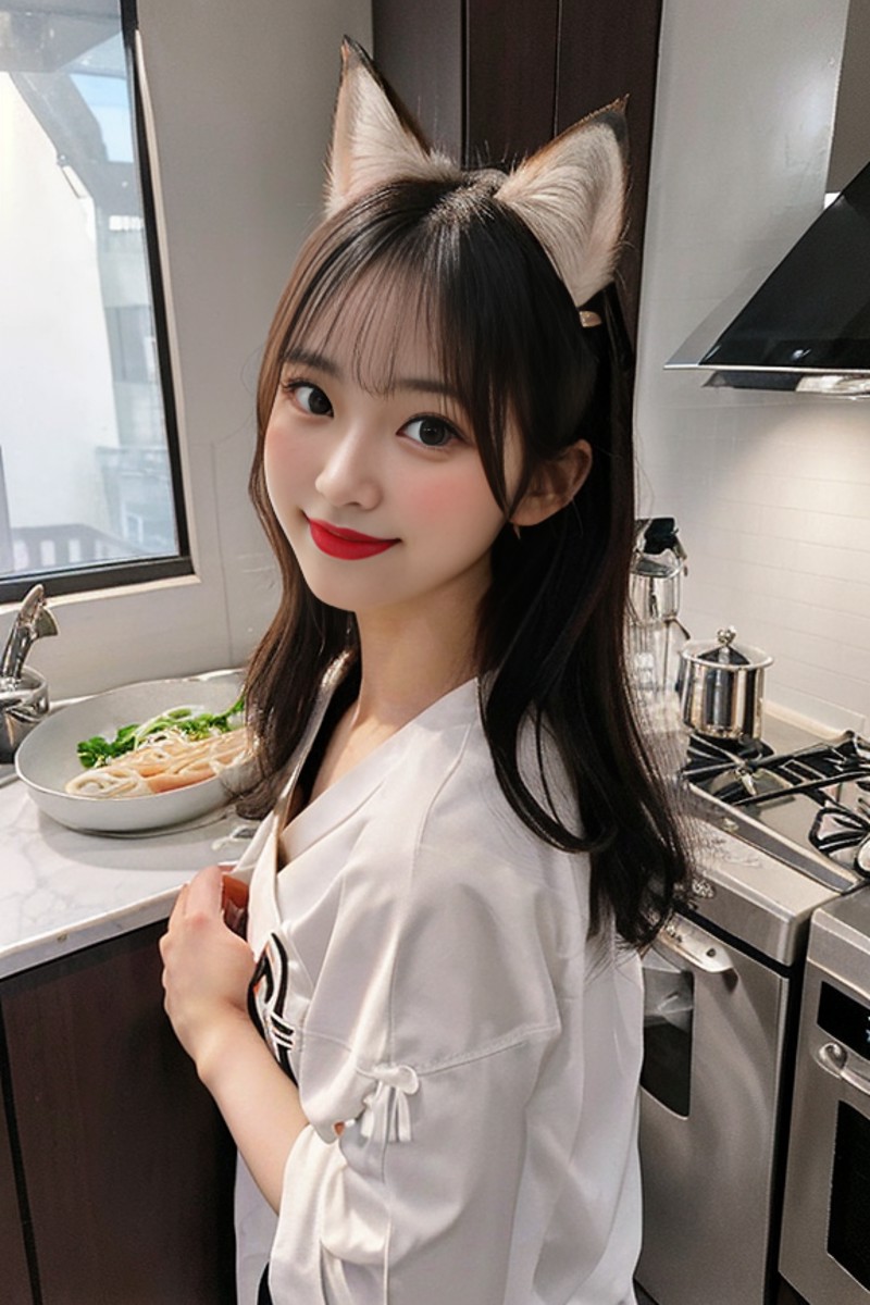 cinematic, A __hairstyle__ beautiful fox idol girl is smiling in a kitchen of an apartment, slim face, long nose, no make ...
