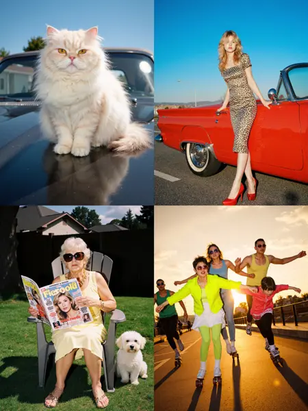 Direct flash photography, retro ambience, striking light and color contrasts, powerful visual impact. 直接闪光摄影,复古感,强烈视觉冲击力的光影与色彩