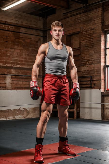 inside old warehouse, high ceiling, red brick walls, a boxing ring, serious expression,JackWindsor wearing (gray tank top), red boxing shorts, red boxing boots, (red boxing gloves), boxing pose, dynamic pose, (((full body portrait))), wide angle <lora:JackWindsor-000008:0.8>