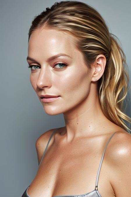 (CR-B3ckiNewton-summer4love263:0.9), full color photo of woman, grey background, (slick hair:1), (oiled shiny skin:1.0), (tilted angle shot:1.3)