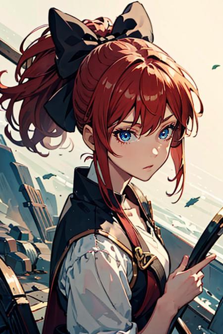 masterpiece, high quality, <lora:Lynn[V2_Mid]:0.8> Lynn, 1girl, solo, hair bow, ponytail, red hair, blue eyes,