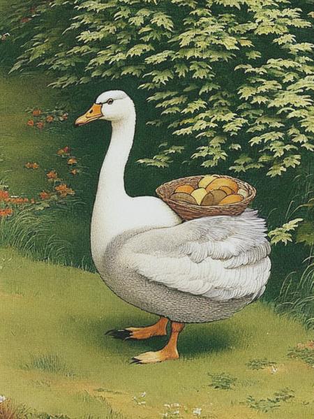 <lyco:KateGreenaway:1.0> A goose carrying a big bag, Kate Greenaway style