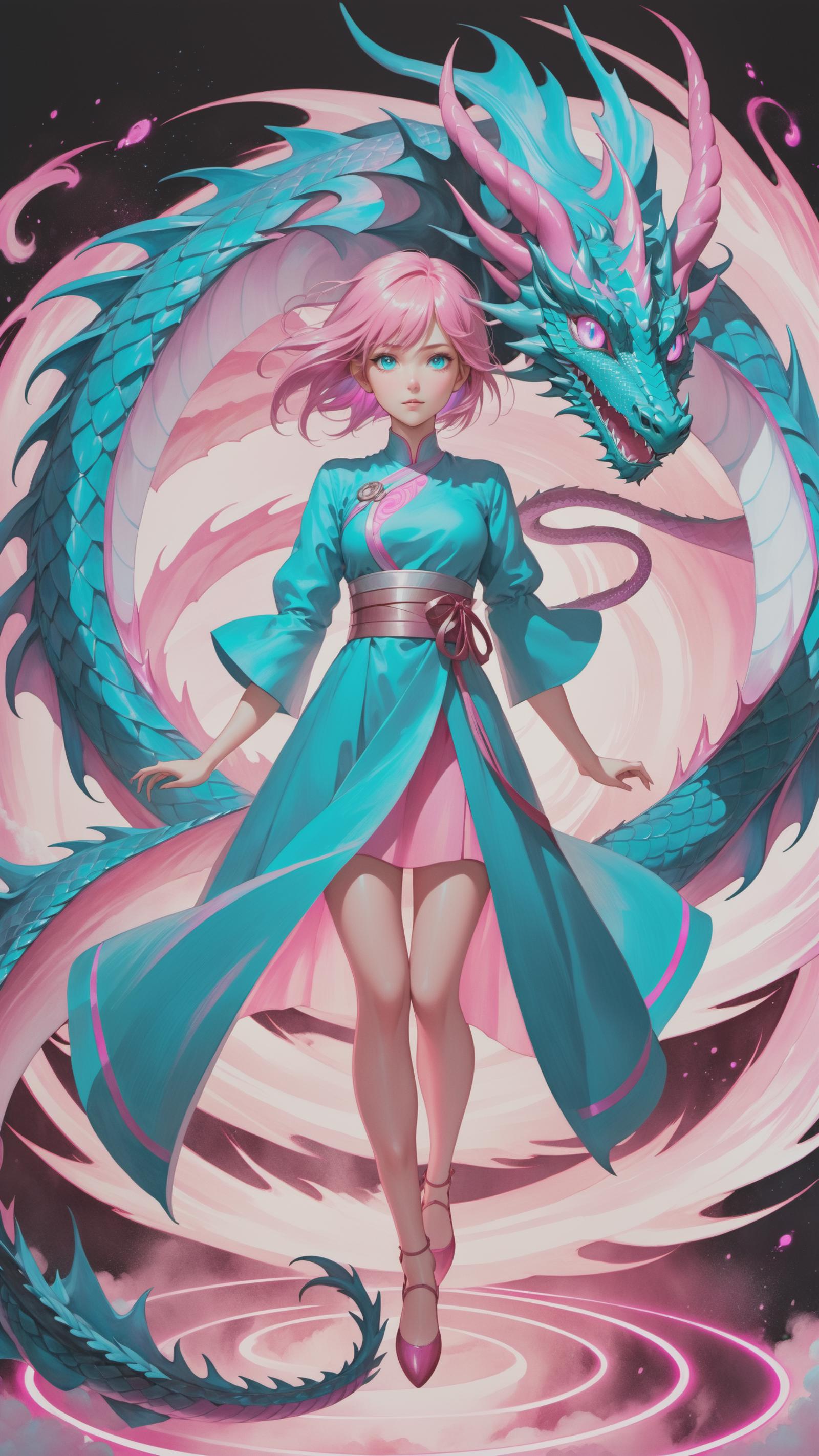 A woman in a blue dress standing next to a pink dragon.