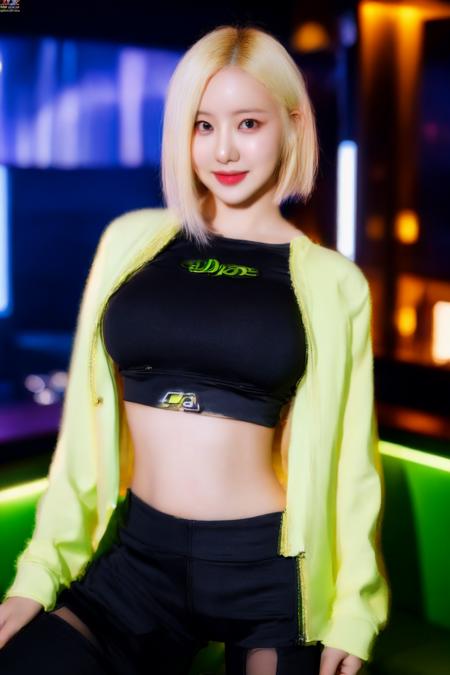 masterpiece,(realistic), highly detailed CG unified 8K wallpapers, (HQ skin:1.2),8k uhd, dslr, high quality, blonde hair, medium-short hair, ((a korean girl in long sleeve crop top, bottom tights yoga pants, sexy body, beautiful face, on a nightclub)), warm smile, dark eyes, beautiful and detailed eyes, (real skin), beautiful skin, attractive, ultra-high resolution, ultra-realistic,high-definition,detailed background,  <lora:djsoda:0.85> djsoda