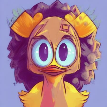 Evang, a cute cartoon duck with am Afro and large eyes, 2D, Concept Art, Digital Art, trending on Artstation, Detailed and Intricate