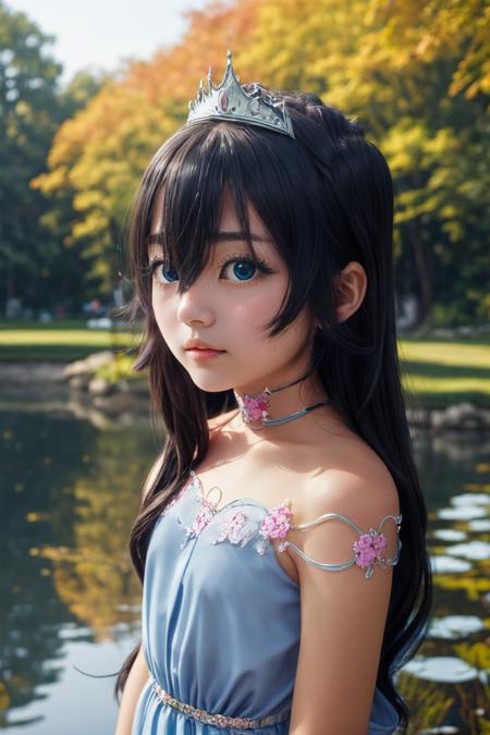 yoshimoto shizuka, 1girl, solo, long hair, bangs, blue eyes, dress, black hair, princess dress, hair between eyes, bare shoulders, collarbone, (blue dress), tiara, choker, upper body, ((petite)), (outdoors, park, pond, sky), (standing), high quality, ultra high res, (best quality:0.8), 8k, uhd, dslr, soft lighting, high quality, <lora:YoshimotoShizuka-000004:0.85>