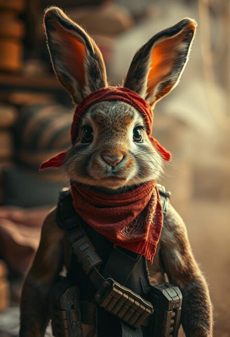 A high quality photo of a battle bunny with ammo belts and red bandana. dust in the air, effortlessly chic, beautiful, artistic, serene, detailed, slightly cluttered environment. High detail, heavy use of depth of field, 4k, super realistic, real photo, shot on Canon, camera, orange dreamy lighting, muted colors, zoomed out,