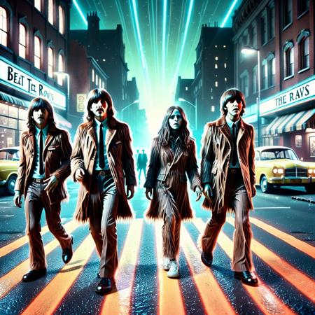 lazypos, 
A cinematic reimagining of The Beatles' iconic "Abbey Road" album cover, set at night in a neon-lit, space-punk metropolis. The four figures, recognizably modeled after the Beatles, are grotesque, lumbering zombies with decayed skin, exposed bones, and long, straggly hair made of w00kiee fur. They wear tattered, torn versions of their 1960s clothing, shambling in perfect unison across a futuristic reinterpretation of the Abbey Road crosswalk, illuminated by glowing LED strips and flickering neon panels embedded in the pavement. The warm, vintage glow of antique-style streetlamps contrasts with the cold neon colors, casting soft radiosity across the scene.
The environment features towering, tech-cluttered buildings with holographic signs, subtle mist, and scattered debris, emphasizing the space-punk dystopia. The camera is positioned at a low angle, capturing the full bodies of the subjects as they move from left to right in classic Abbey Road formation, preserving their iconic poses and spacing. Volumetric lighting and ambient occlusion enhance depth, while the use of Octane Render and vanishing point perspective adds a rich, photorealistic feel reminiscent of a vintage film camera. The color palette merges Beatles-era nostalgia, sepia tones, muted blues, with vivid, high-contrast futuristic accents. entire body in frame. Ambient occlusion, Octane Render, vanishing point, volumetric light, nighttime